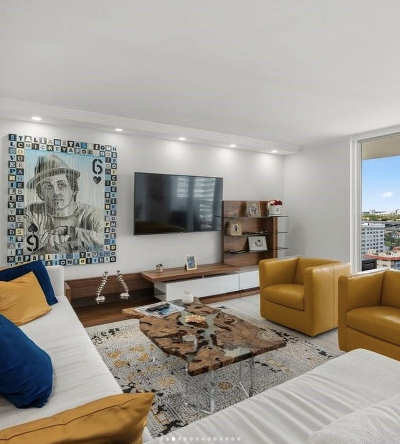 Living room with city and ocean view